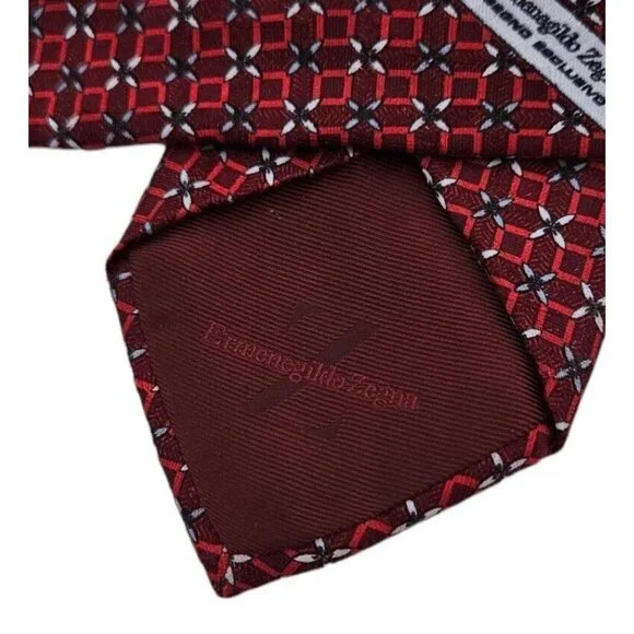 ERMENEGILDO ZEGNA Men's 100% Silk Necktie LUXURY Tie XL Red Geometric W:3.7" EUC
